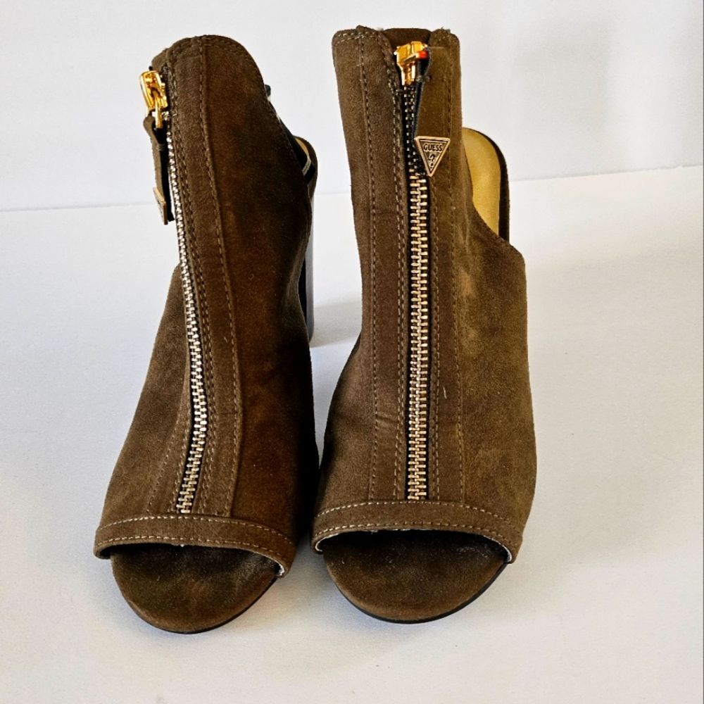 Guess Olive Green Suede Open Toe Bootie Heels Size 7.5